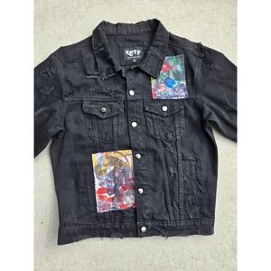 Kleep Black Distressed Denim Jacket Small 'Always Fresh' Oversized